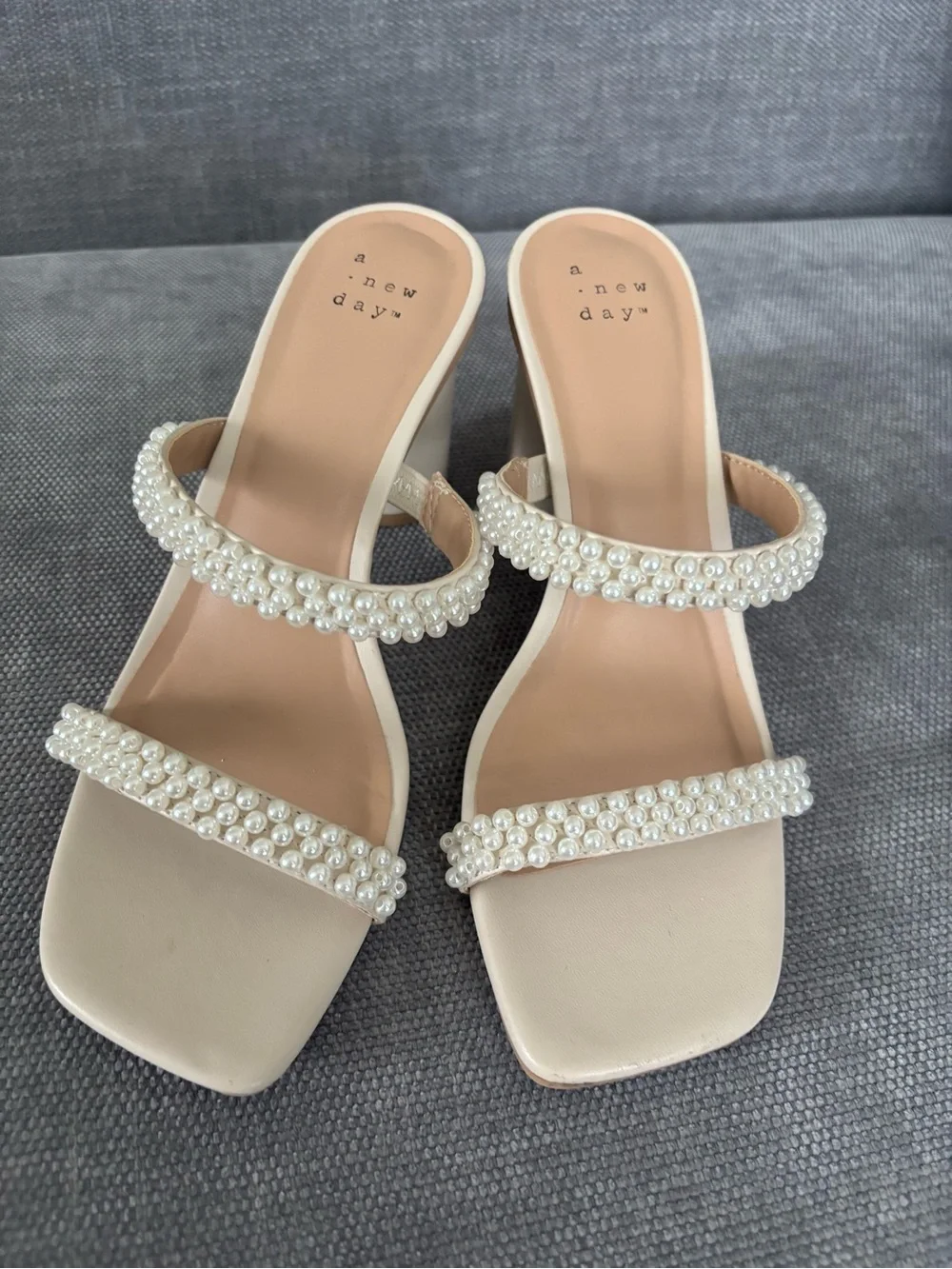 Pearl-Strap Cream Heel Sandals